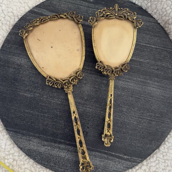 Vintage Vanity Mirror & Hair Brush Set Gold READ Hollywood Regency MCM Decor - Picture 2 of 8